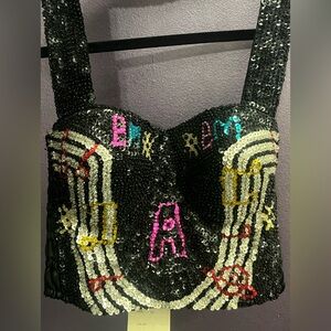 NWT music notes black pink blue silver sequin bra bustiers halter crop top 90s